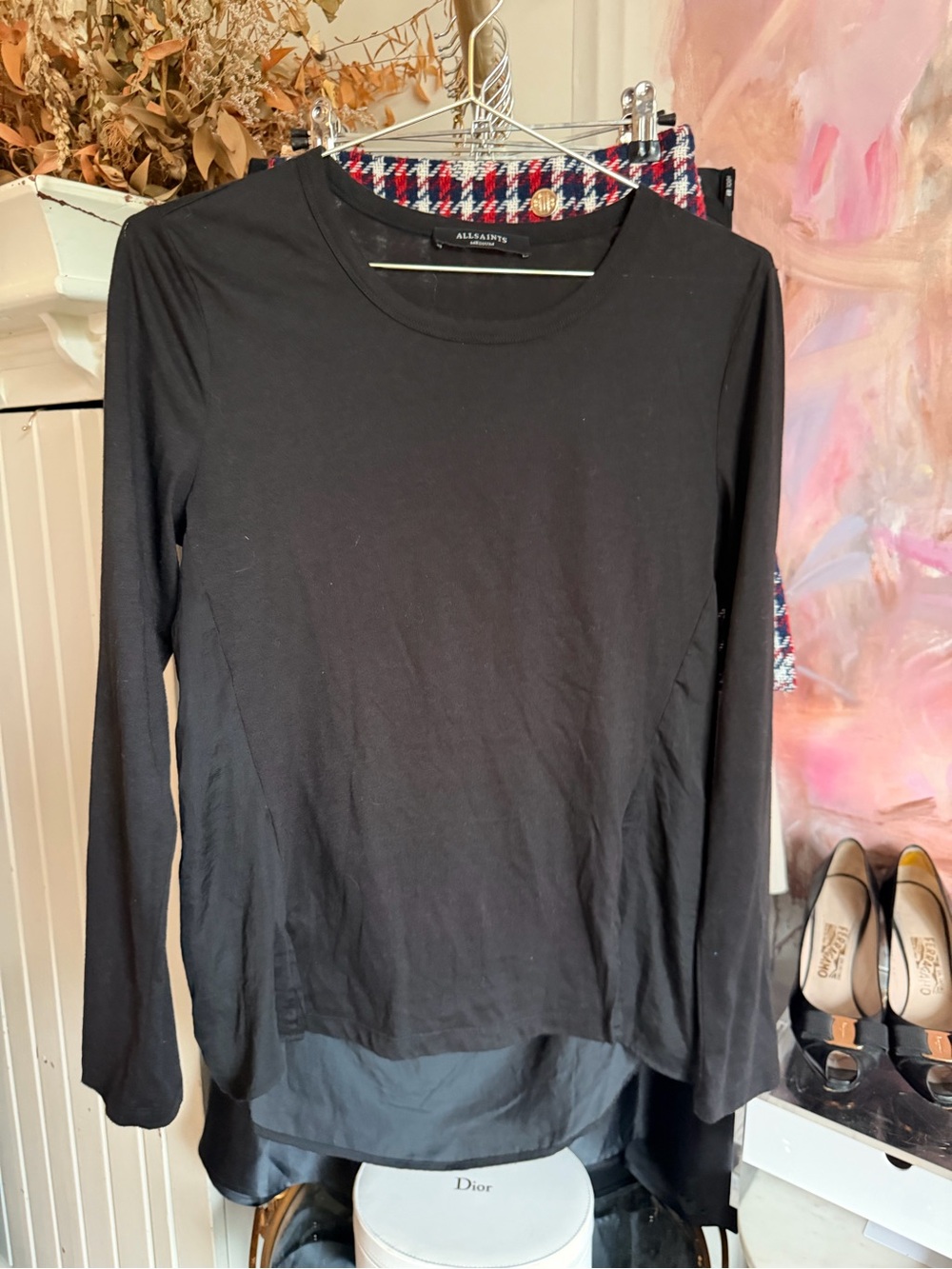 All Saints Black Long Sleeve Layered-Hem Tee